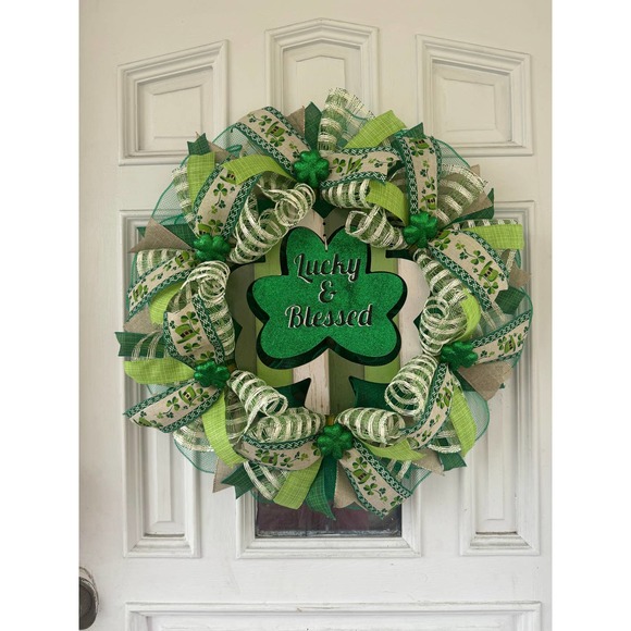 Lucky & Blessed Shamrock Saint Patrick’s Day Mesh Ribbon Wreath Door Hanger - Picture 1 of 8